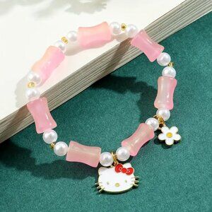 Hello Kitty Charm Bracelet Sanrio Stretch Red Bow Flower Goth Emo Grunge Beads